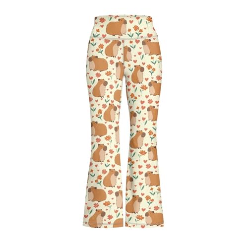 YORXINGY Texture Copybara Cute Yoga Pants for Girls 7-8 Girls Bell Bottom Pants High Waist Floral Graphic Pants Slit Flared Yoga Trousers for Church Bridesmaid Graduation