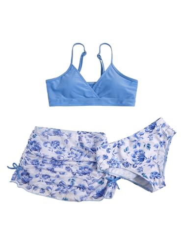 Image of COZYEASE Girls' 3 Piece Set Floral Print Bikini Swimsuit with Drawstring Beach Skirt Cute Ruched Bathing Suit