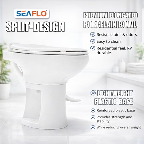 Image of SEAFLO Porcelain RV Toilet with Elongated Bowl, 19 inch Residential Height, Gravity Flush, Foot Pedal Flush, Soft Close Seat, Easy Install, Camper Toilet, 4-Year Warranty, SFRTCH-02-01