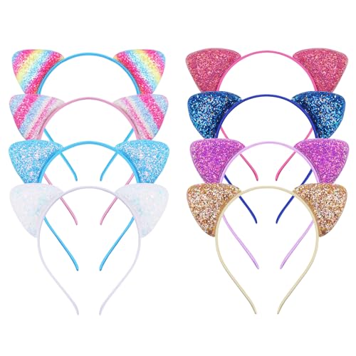 Faixas de cabeça com orelhas de gato, 8 peças Glitter Cat Ears Headband diadema gato diadema orelhas de gato com lantejoulas para mulheres meninas uso diário e decoração de festa