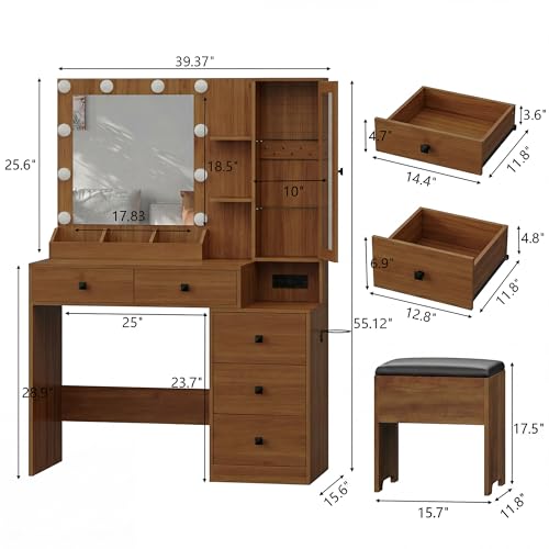 Image of Vanity Desk with Mirror and Lights, Walnut Makeup Vanity with 5 Drawers Hidden Jewelry Organizer& LED Glass Cabinet,3 Light Mode and Brightness Adjusted,Vanities Mirror with Lights Desk and Chair