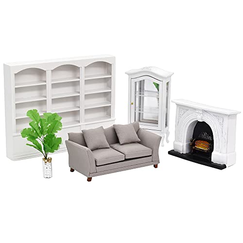 Iland Dollhouse Furniture Miniature Incl Dollhouse Sofa, Book Cabinet, Display Cabinet, Lighted Fireplace, Plant For Dollhouse Living Room (Luxurious Modern 5Pcs) #TOP25