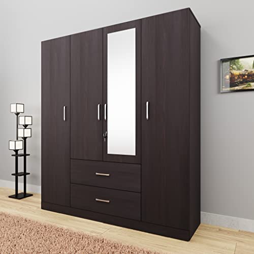 Image of VIKI Wardrobe | Wooden Almirah for Clothes,Door for Bedroom, 4 Door Wardrobe with Drawer, Mirror & Hanging Space (Dark Wenge - 40D x 160W x 180H) | 1 Year Warranty | Free Assembly