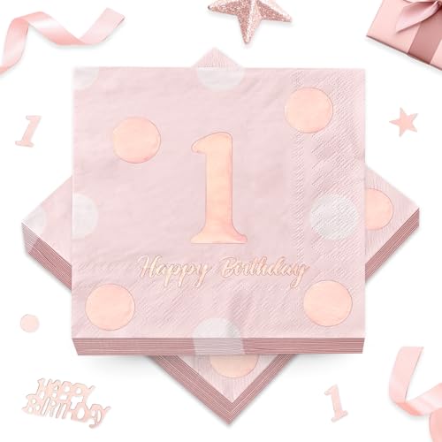 30 Stück Servietten 1. Geburtstag + 15 Gramm Konfetti Streudeko, Roségold Deko Erster Geburtstag Mädchen, Happy Birthday 1 Servietten, Tischdeko Papierservietten, 33 * 33cm