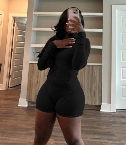 Adogirl Women Workout Sets 2 Piece Outfits Long Sleeve Zip Sweatshirt Jacket Gym Leggings Biker Shorts Set Tracksuit3