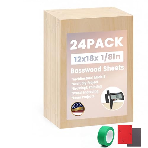 24-Pack Basswood Sheets 1/8" X 12" X 18" - Two Samples are Included Laser Engraving Blanks, 3mm Wood for Laser Cutting and Engraving Plywood Sheets (24 PC 12 * 18 * 1/8)