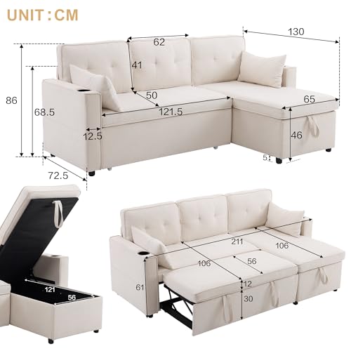 Huayz 3-in-1 Convertible Corner Sofa Bed with Storage, L Shape Sofa Bed with Internal Storage Chaise, Pull Out Sofa Bed with Cup Holders, Pillows and Pocket for Living Room & Office - Image 2