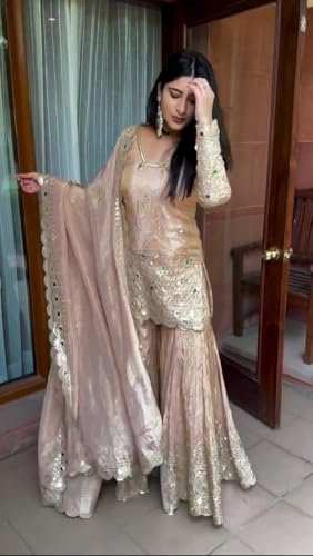 Image of Embroidered Sharara Set, Beige, Net Fabric, Sequin Work, 3-Piece Suit with Dupatta (IN, Alpha, L, Regular)