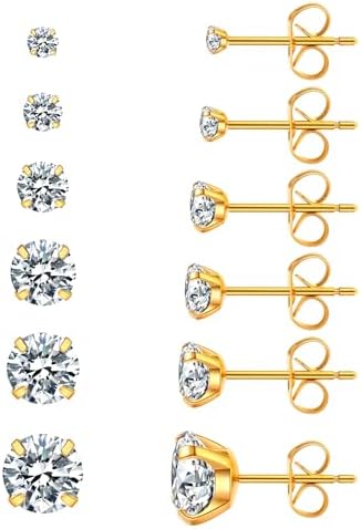5 Pairs Hypoallergenic Cubic Zirconia 316L Earrings Stainless Steel CZ Earring Set 3-8mm (Gold), Stainless Steel, Cubic Zirconia, Stainless Steel, Cubic Zirconia