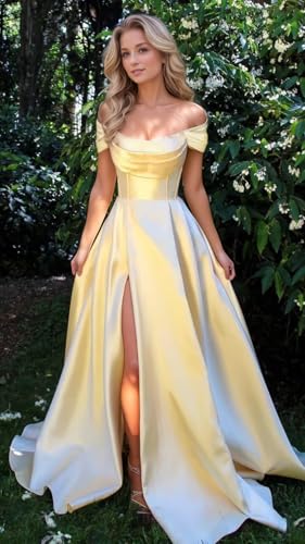 Women's Satin Prom Dresses with Slit Strapless A Line Corset Ball Gowns Off Shoulder Formal Evening Gowns with Pockets2