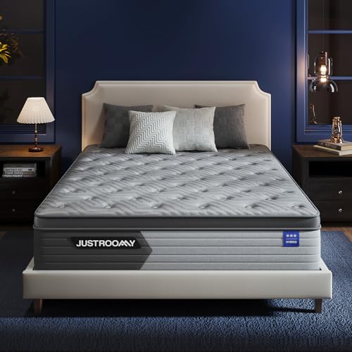 JUSTROOMY Queen Size Mattress Firm Mattress 14 Inch for Back Pain Relief,Breathable Cooling Ice Silk Top,Gel Memory Foam, Individual Pocket Spring, Hybrid Mattress Queen in a Box CertiPUR-US Certified