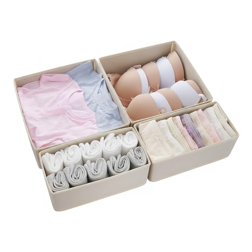 Drawer Organizer Set 4 Pack – Foldable Fabric Storage Bins with Zipper Bottom for Underwear Socks Bras Baby Clothes – Closet Dresser Organizers Dividers for Bedroom Nursery, Beige
