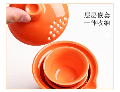 Image of Liang baobao Gaiwan with 3 Cups Travel Tea Set Organizer Porcelain Teacups Chinese Tea Cups Portable Tea Set Camping Outdoor (Orange)