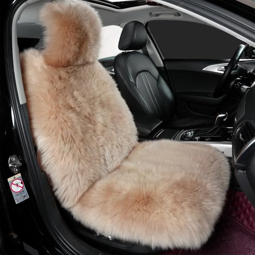 AOGELAN Sheepskin Car Seat Cover Fluffy Fuzzy Long Wool Front Seat Covers Universal Fits Most Car SUV Truck Minivan Airbag Compatible (Light Brown 1 Pcs)