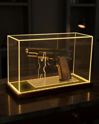 Image of Premium Acrylic Pistol Display Case with Amber Yellow LED Light, Solid Wood Base & Built-in Stand | UV Resistant Pistol Display Box for Gun Collector, Fits Most Pistols - 12 inch x 5.3 inch x 7.5 inch