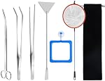 Aquarium Aquascape Tools Kits, 7 in 1 Anti-Rust Aquatic Plant Aquascaping Tool Stainless Steel Silver Tweezers Scissors Spatula with Storage Bag and Fish Net for Aquarium Tank Clean