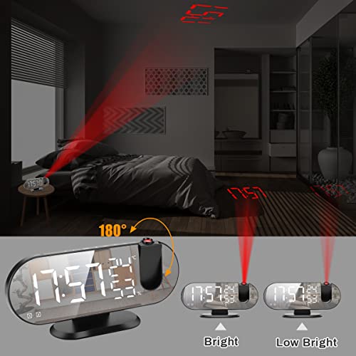 Zoos Projection Digital Alarm Clocks For Bedrooms 9" Led Mirror Digital Fm Alarm Clock Radio With Usb Charger Port, 180° Projector, Temperature & Humidity Display, 12/24H, Dual Alarm (Black+White) #TOP5