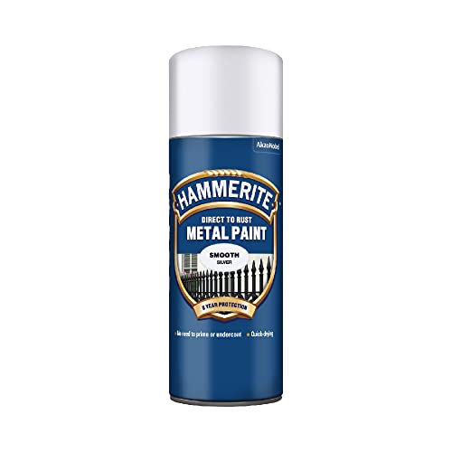 Hammerite Spray Paint for Metal. Direct to Rust Exterior Silver Metal Paint Smooth Finish. Corrosion Resistant Silver Gloss Paint and Rust Remover 8 Year Protection - 400ml Aerosol 0.5 SqM Coverage