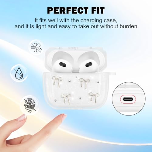 Newseego Clear Case for Airpods 3 Gen, Cute Aesthetic Glitter Bowknots Pattern Design with Bow Pearl Keychain for Girls & Women Soft TPU Shockproof Cover for Apple Airpods 3rd Generation - Image 2