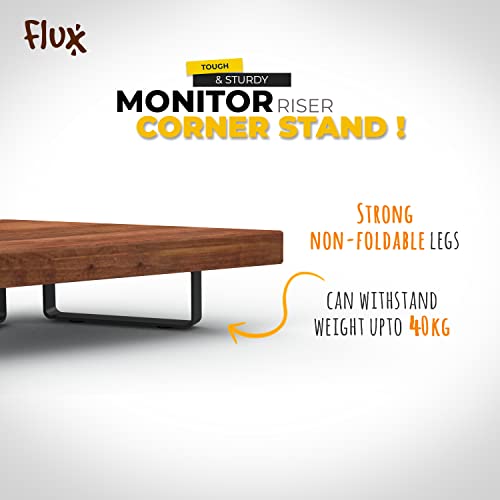 Image of Flux Wooden Monitor Stand Riser | Multi-Purpose PC Stand for Corners | MDF & Metal 23 Inch Shelf (45 x 25 x 8.5 cm) (Walnut Brown)