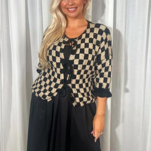 Women Y2K Tie Front Cardigan Sweater Ruffle Short Sleeve Checkered Open Front Knit Sweater Cute Loose Knitwear Tops4