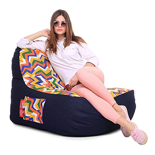 Image of Style Homez Urban Design Denim Canvas Geometric Printed Chair Bean Bag XXL Size Filled with Beans Fillers