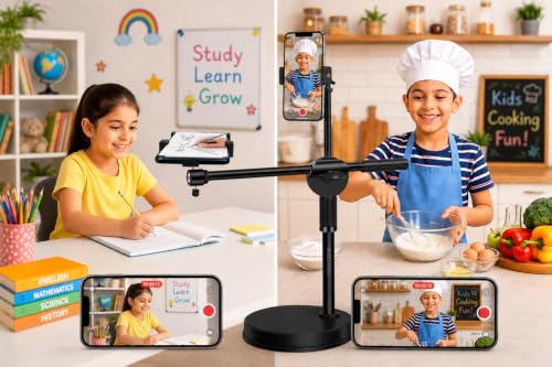 Image of BROLAVIYA Dual Mobile Overhead Stand for Video Recording, Desk Camera Mount with Dual 360 Rotating Phone Holders, Adjustable Height for YouTube, Reels, TikTok, Online Teaching, & Content Creation