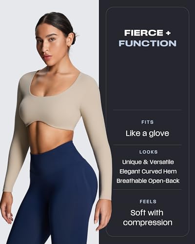 Image of Aoxjox Women's Define Sculpt Long Sleeve Crop Tops | buttery soft fabric,curved hem,hollow back, low support, removable pads, workouts,yoga,gym, daily wear