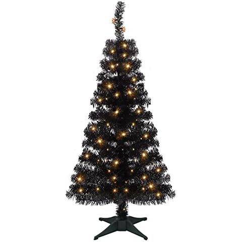 Juegoal Pre-Lit Artificial Halloween Christmas Tree, 4 FT Lighted Black Tinsel Xmas Pine Trees with 50 LEDs Lights, 8 Lighting Modes & Battery Powered Waterproof for Home Office Party Decorations Cover