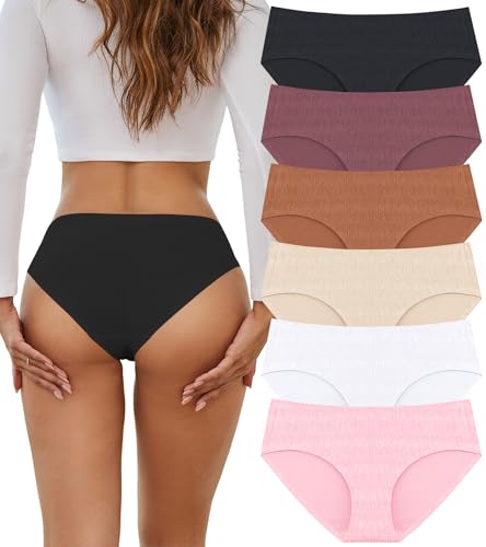Seamless Underwear for Women No Show Cheeky Low Rise Bikini Jacquard Soft Ladies Panties Breathable Stretch Hipster 6 Pack, Amber Brown&black&mauvewood&buttercream&white&pink, M