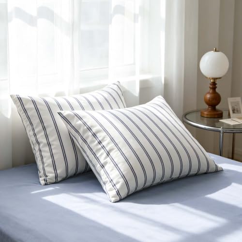 Image of Nayoroom Blue Striped Duvet Cover Queen White Pinstripe Coastal Bedding