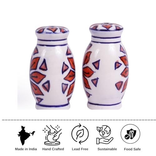 Image of VarEesha Hand Painted Orange Flowers on White Ceramic Salt n Pepper Set for Dining Table Used as Namak Dhani, Shaker, Sprinkler for Home, Kitchen and Restaurant