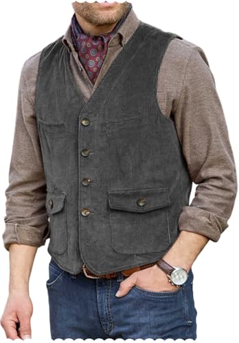 Men's Corduroy Vest Slim Fit Formal V-Neck Denim Waistcoat for Wedding Prom