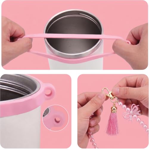 Image of House of Quirk 6 Accessories Set Silicone Straw Cover, Cup Boot, Handle Chain, Handle Strap, Sticker 40oz & 30oz Tumbler (Bow Pink, Tumbler Not Included)