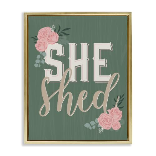 'She Shed Floral Pink Rose Calligraphy Sign'| Floating Frame Canvas Art