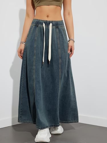 utcoco Women's Casual Elastic Waist Maxi Denim Skirt High Rise A-Line Swing Long Jean Skirts with Pockets3