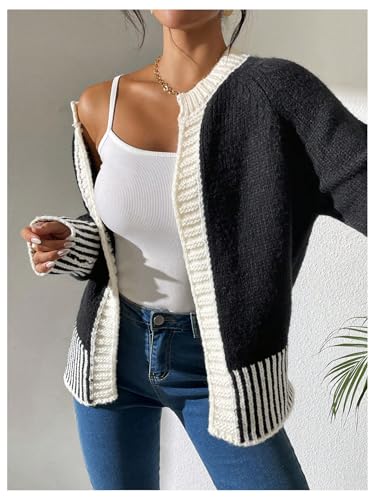 SOLY HUX Women's Striped Open Front Cardigan Elegant Color Block Knit Work Office Sweater Outerwear3