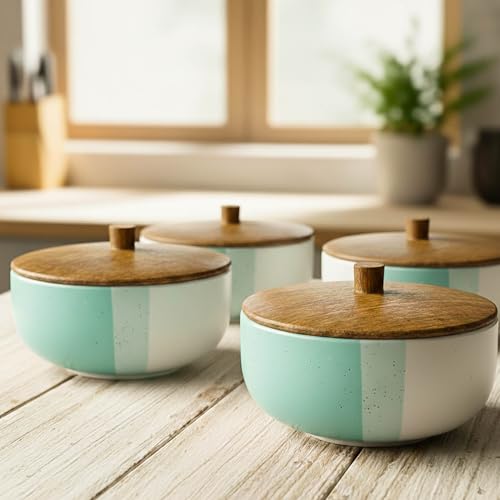 Image of The Earth Store Tritone Green Matte Ceramic Bowl Set of 4 - 500ML Each with Nob Wooden Lid | Mixing Bowls for Snacks, Rice, Dal, Fruits, Salad Microwave Safe Bowl with Lid Perfect Gifting & Daily Use