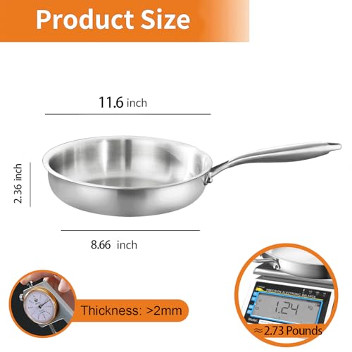 DELARLO 3 Layer Stainless Steel Frying Pan, 28 cm for Chefs, Kitchen, Compatible with All Hobs - Image 3