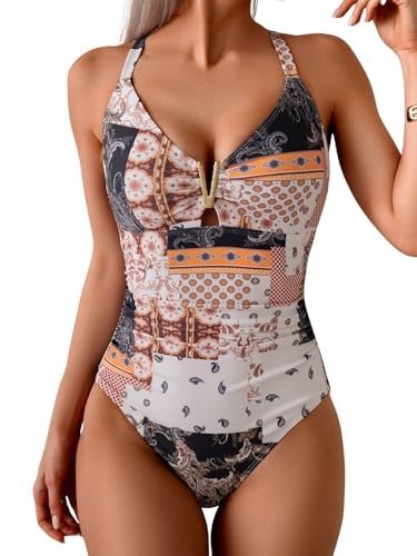 Eomenie One Piece Swimsuit for Women Tummy Control Ruched Bathing Suit V Wire Neck Slimming Swim Suits