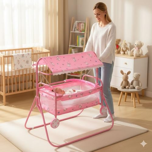 Image of Nirjala Foldable Baby Cradle Swing with Mosquito Net & Canopy | Steel Jhula /Palna with Wheels & Toy Bar | Portable Newborn Infant Sleeping Bed for 0-24 Months