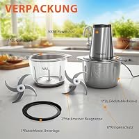 Küchenmaschine 500W, Zerkleinerer mit 2 Klingensätzen, Fleischwolf mit Zwei 2L Schüsseln (Glas + Stahl), Spülmaschinenfester Elektrischer Zerkleinerer zum Zerkleinern von Fleisch, Babynahrung & Nüssen – Ansicht 6