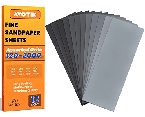 Avotik Schleifpapier, 12 Stück Körnung von 120 bis 2000, ür Wände, Metallkunststoffe, Möbellacke, Polieren Cover