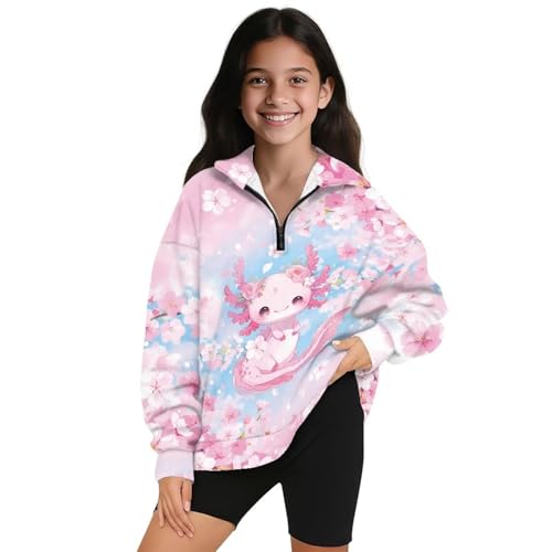 Girls 1/4 Zip Sweatshirt Cute Print Long Sleeve Pullover Sweatshirt Casual Oversized Athletic Tops Size 5-14 Years2