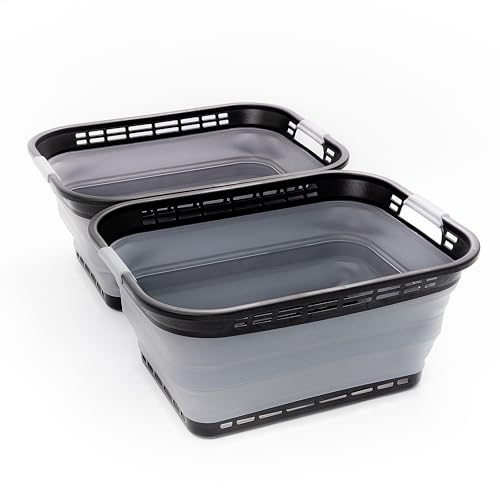Image of SAMMART 42L (11 gallons) Collapsible Plastic Laundry Basket - Portable Pop Up Storage Container /Organizer - Portable Hamper - Space Saving Easy Storage (Black /Frost Grey (Set of 2))
