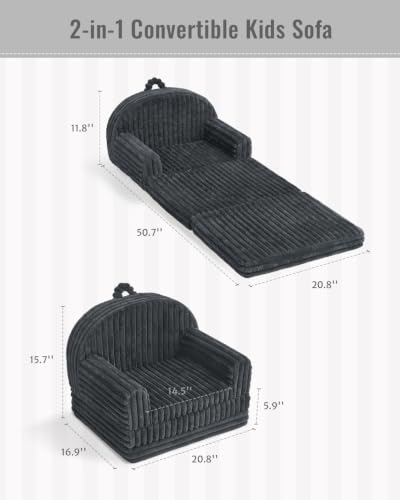 Image of Blissful Diary Foldable Kids Couch, 2-in-1 Comfy Kids Chair for Reading, Playroom, Kids Couch Sofa for Girls Boys Birthday Gift, Dark Gray
