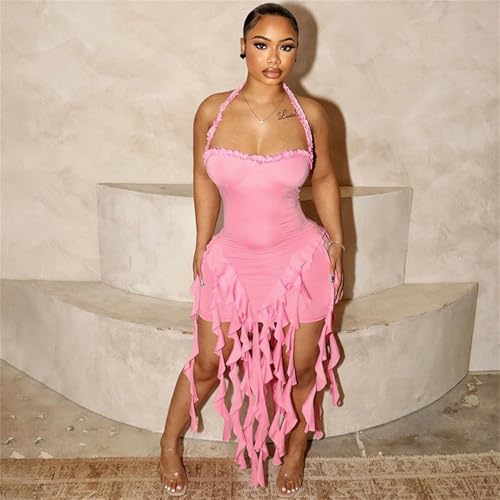 Image of Women's Summer Mini Dress Sexy Halter Backless Ruffle Fringe Bodycon Short Dress Cocktail Party Beach Vacation Sundress