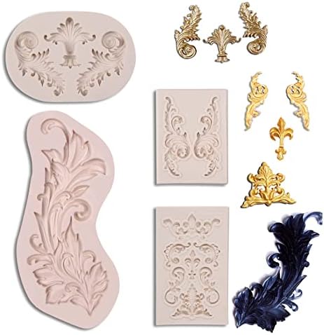 Baroque Silicone Fondant Molds, (4 Pack) Scrolls Border Feather Crown Corner Molds, for Cake Cupcake Decorating Chocolate Candy Polymer Clay