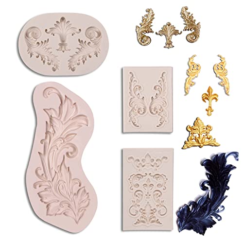 Baroque Silicone Fondant Molds, (4 Pack) Scrolls Border Feather Crown Corner Molds, For Cake Cupcake Decorating Chocolate Candy Polymer Clay #TOP2