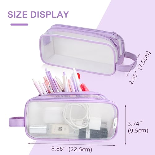 Image of Oyachic Mesh Pencil Case,Clear Grid Pen Bag,2 Compartment Pencil Pouch,Pen Case Organizer Zipper Transparent Makeup Bag for Business Travel Office